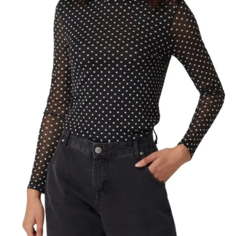 DKNY Sheer Pullover Long Sleeve Polka Dot Top with Liner - S - Black, White